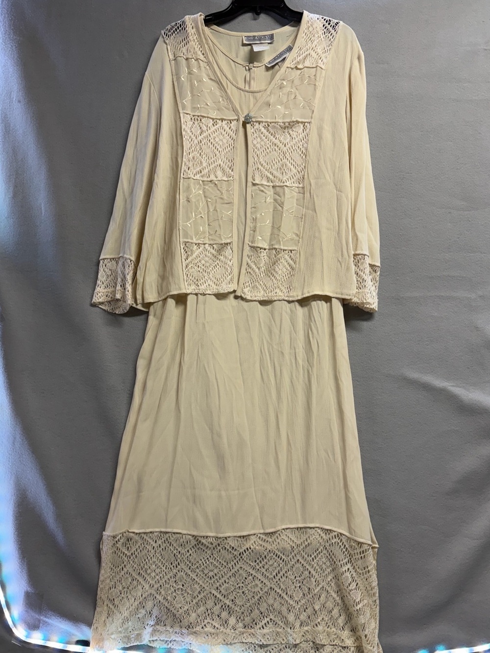 Vintage Jessica Howard Two Piece Cream Lace Trim Maxi Dress and Jacket size 12